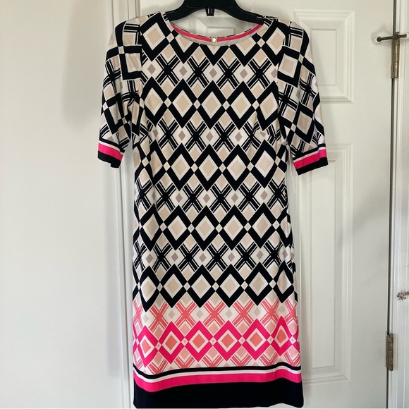 NWT Eliza J Pink & Black Diamond Print Lined Shift Dress Size 2 - Picture 1 of 6